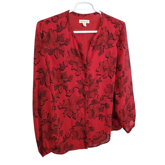 Coldwater Creek 2X Blouse Floral Print Chiffon Button Down Banded Collar Shirt - Picture 1 of 10